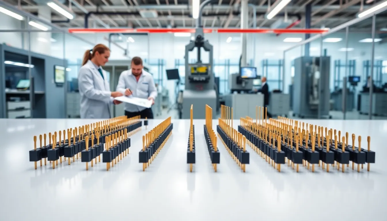 engineers inspect pogo pins in a modern american manufacturing facility