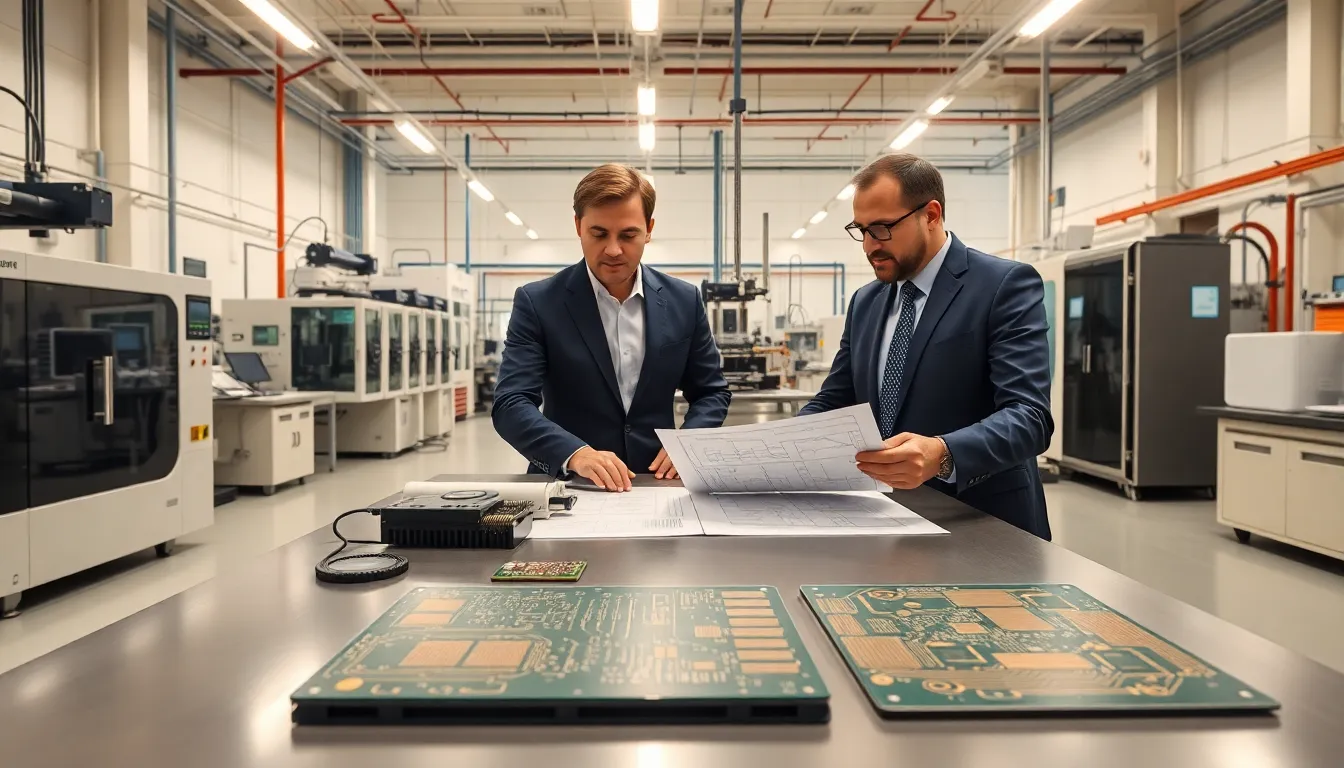 engineers reviewing rigid flex pcbs in a modern electronics factory