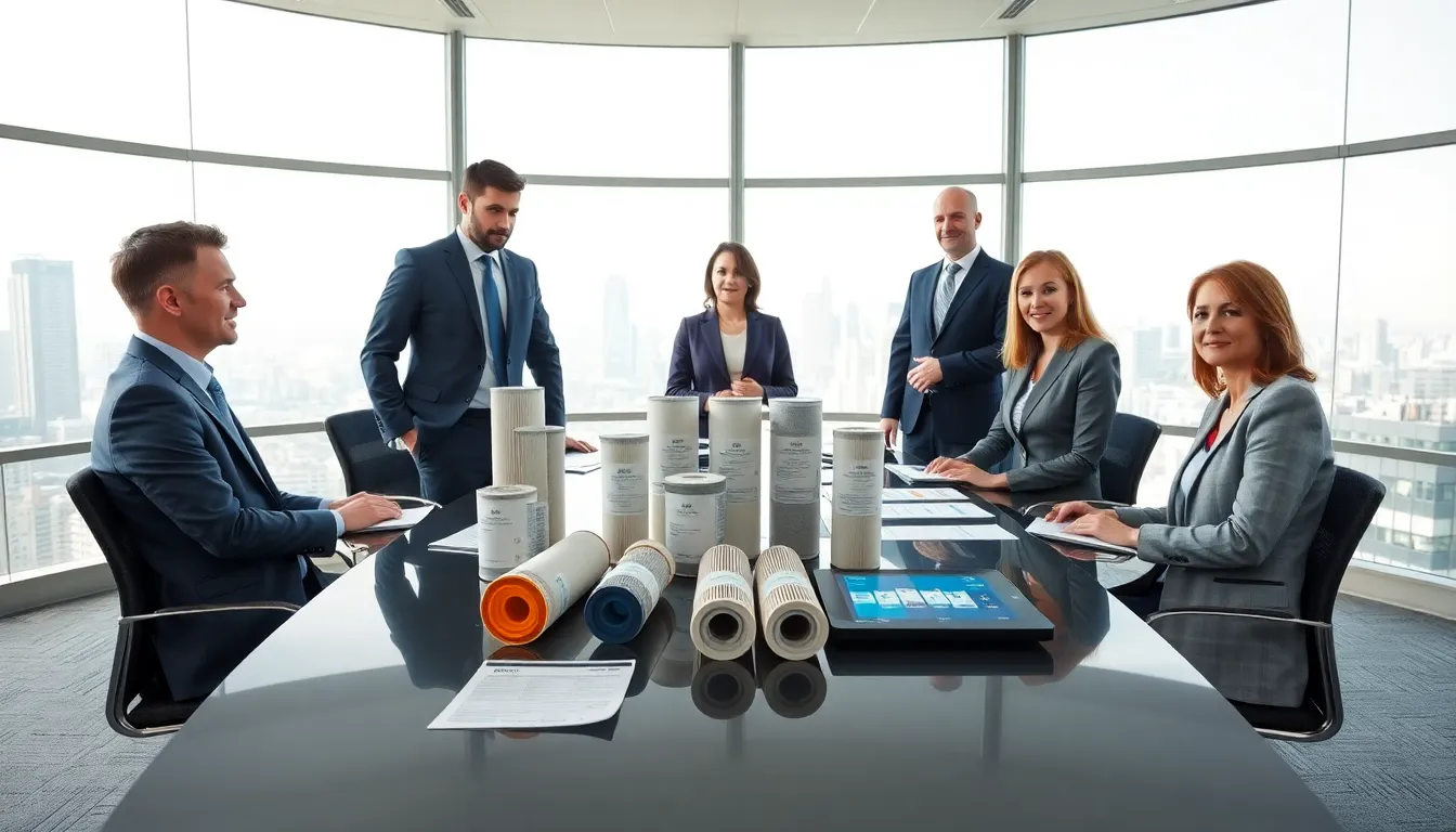 executives review pleated filter cartridges in a modern office setting