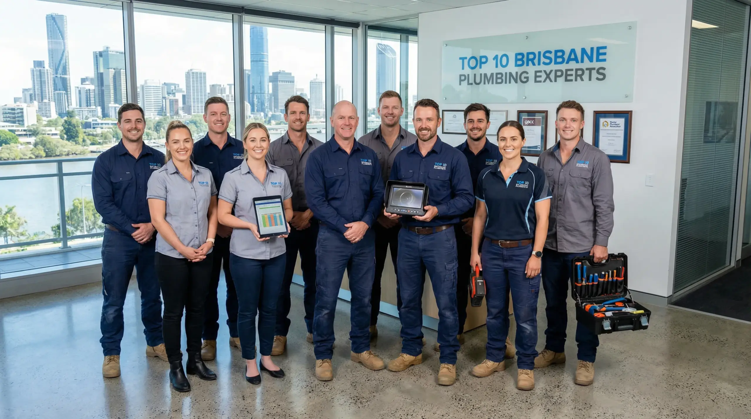 ten expert plumbers in uniforms stand in a modern brisbane office